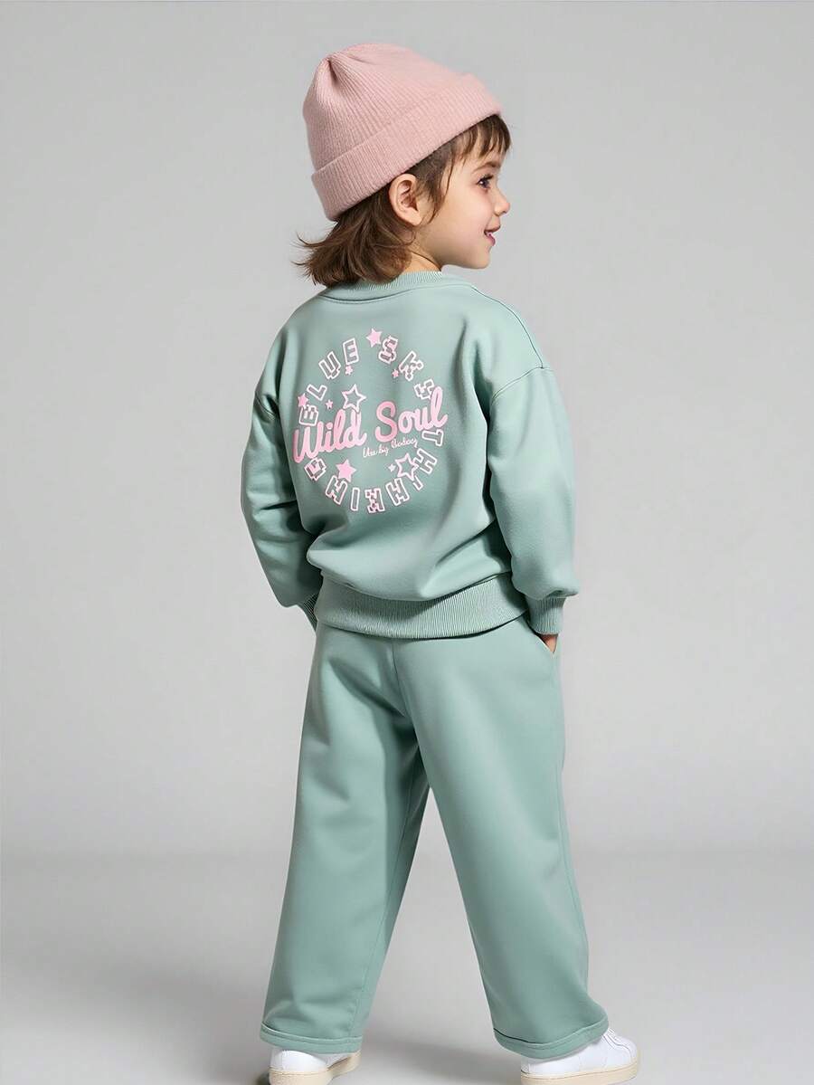 JNSQ 2pcs Young Girl Casual Outfit Set, Loose Fit Crew Neck Long Sleeve Sweatshirt With Funny Letter Print On Back And Matching Loose Sweatpants, Comfortable Fashion Sportswear Set For Autumn/Winter, Suitable For Daily Wear, Outdoor Activities, Vacation, Streetwear, Party And Leisure Fall