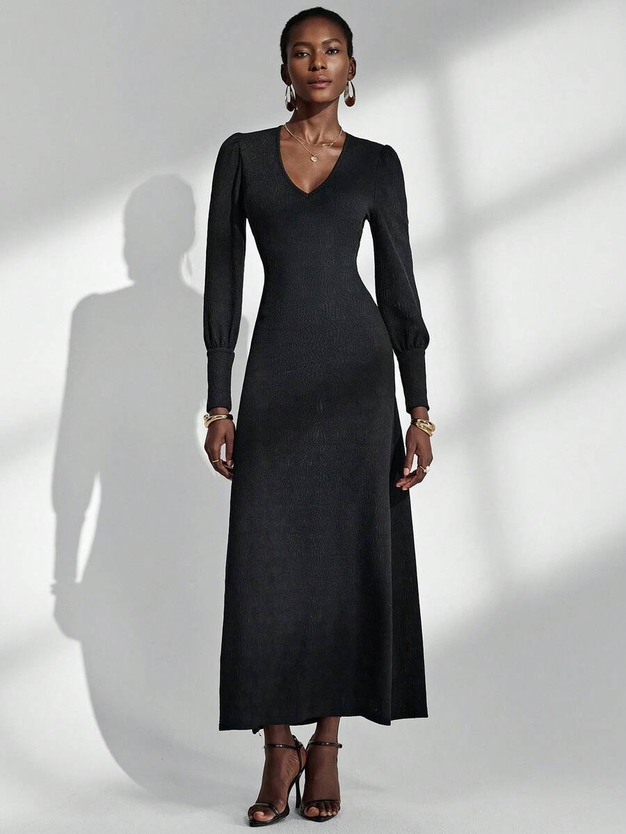 Almamuse Women's Long Dress, Elegant & Graceful, Simple V-Neck Jacquard Black Dress Fall Cloth For Women - Black - View 1