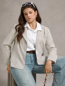 Zelara Blazer casual a righe e collo a bavero con maniche lunghe, da donna taglia comoda, stile vintage per scuola e lavoro, adatto per insegnanti e donne d'affari casual, blazer a righe per curvy, da indossare in autunno/inverno, per uscire - Multicolore - Visualizzare 5