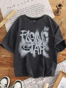 Attitoon 女式黑色针织斑点印花超大 T 恤，涂鸦字体标语，嘻哈风格，西海岸风格，街头服饰，Y2K，复古，垃圾摇滚，朋克，图案 T 恤，辣妹，返校节，返校，夜间外出/外出，秋季