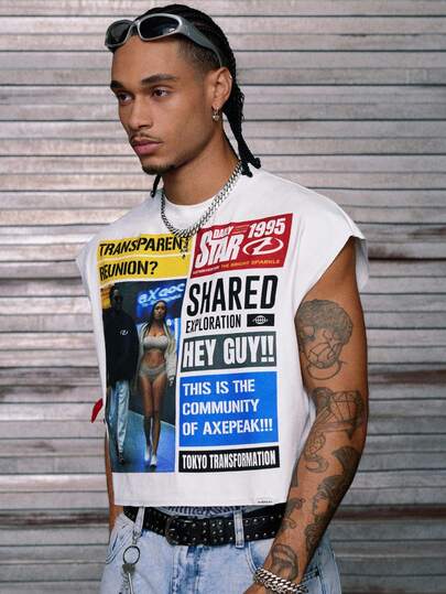 AXEPEAK 男士休闲时尚街头个性标语印花宽松针织背心，夏季