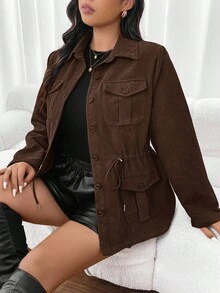 SHEIN Frenchy Plus Flap Pocket Drawstring Waist Jacket,Barnfit,Barn In Fall/Winter - Chocolate Brown - View 1