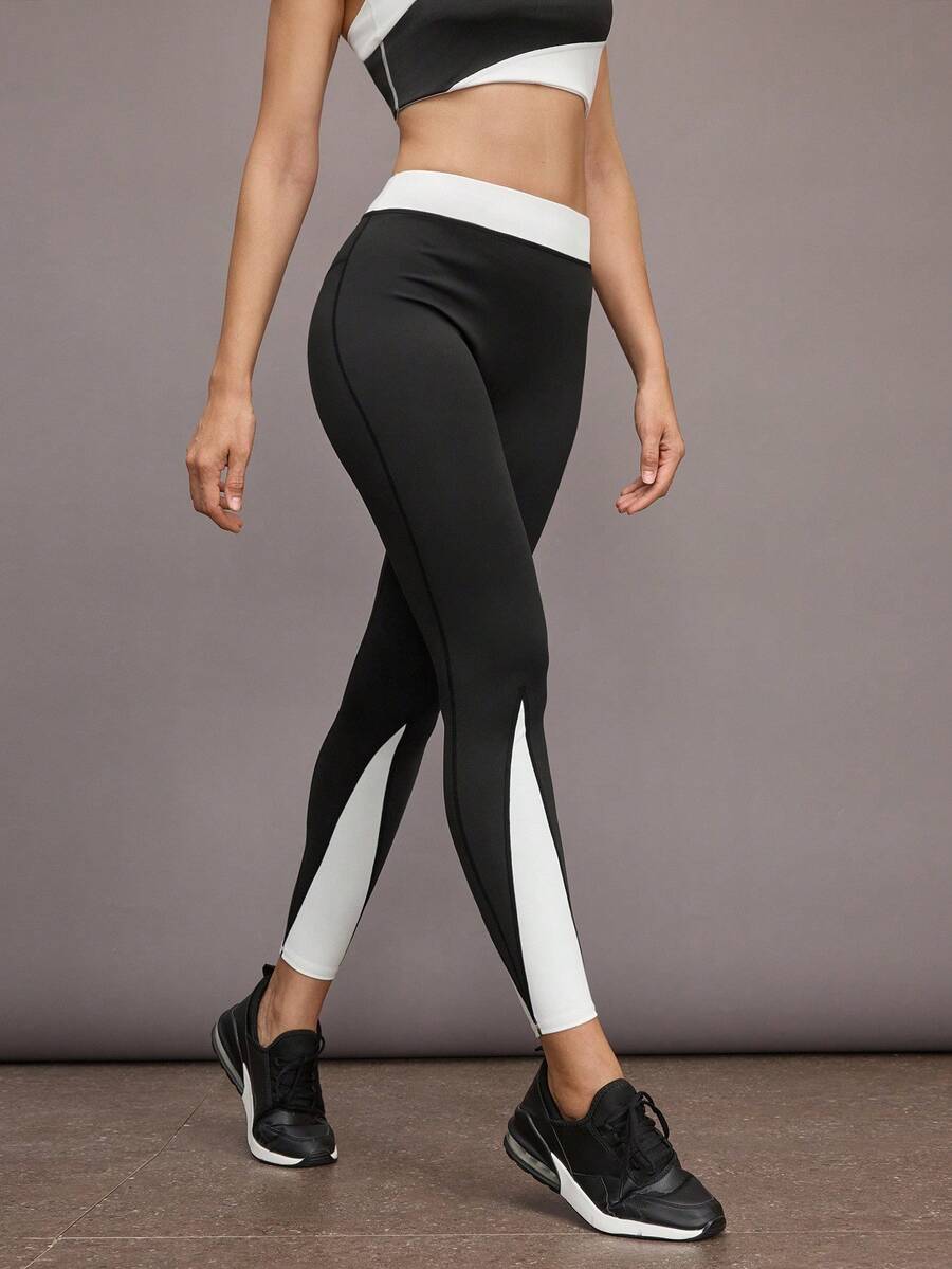 Activina Leggings de cintura alta de contraste de color para fitness y yoga para mujer - Blanco y Negro - Ver 1