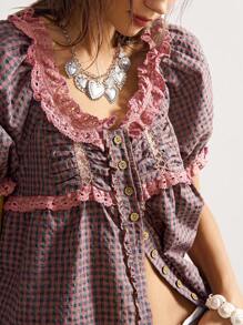 Bohemela 休闲梭织格子泡泡袖V领宽松女式衬衫