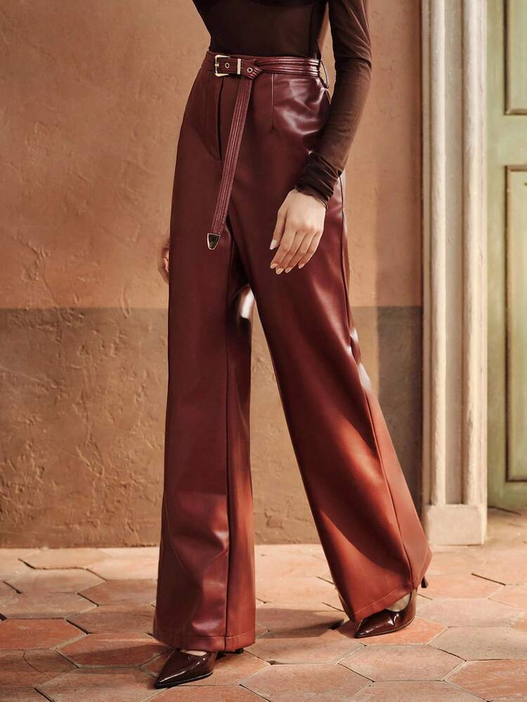 Pantalon taille haute en PU avec ceinture, style urbain élégant, convient pour l'automne, l'hiver, les sorties, les occasions formelles, les fêtes, chic, le Nouvel An, Noël, le travail, bordeaux