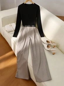 Franclia Black Crew Neck Long Sleeve Knit Top And Striped Wide Leg Pants, Casual Elegant School Teacher Outfit For Women, Autumn Fall Cloth For Women - Black - View 1