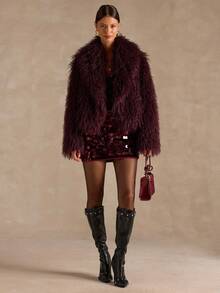 SHEIN BAE Elegant Solid Color Faux Fur Jacket, Autumn/Winter, Fur Coat Women ,Faux Fur Coat,Burgundy Fur Coat,Autumn-Winter Fur Coat - Red Violet - View 3