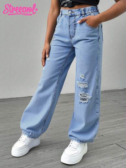 SHEIN Explorewe Tween Girls Light Blue Distressed Washed Loose Straight Leg Jeans, Fashionable Casual Style, Versatile For Daily Casual & Outdoor Wear, Girls Denim Pants Fall Winter