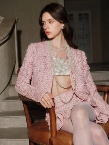 SHEIN Unity 浪漫约会优雅淑女粉色3D花朵圆领夹克和荷叶边下摆短裙两件套，秋冬 - 粉色 - 查看 6