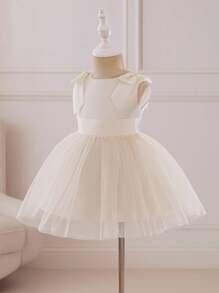 Glamorique Kids Vestido de Princesa Elegante e Fofo para Meninas Bebê, com Laço, Sem Mangas, Tule, Saia Volumosa de Cetim - Damasco - Visão 1