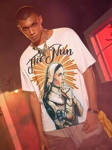 The Nun X SHEIN Men's Letter & Figure Graphic Round Neck Short Sleeve T-Shirt - Khaki - View 1