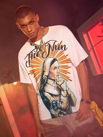 The Nun X SHEIN Men's Letter & Figure Graphic Round Neck Short Sleeve T-Shirt