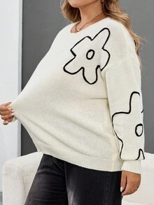 SHEIN CURVE+ Plus Size Women Floral Print Pattern Round Neck Pullover Sweater, New Autumn/Winter Collection/Autumn /Winter - Black and White - View 6