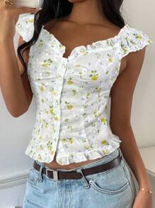 CovetEZ Áo cánh hoa nhỏ dệt màu vàng giản dị dành cho nữ - Màu vàng - Xem 5