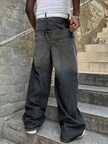 ROMWE MEN Street Life Men's Double-Layer Waistband Multi-Pocket Embroidered Pattern Loose Fit Jeans - Black - View 3