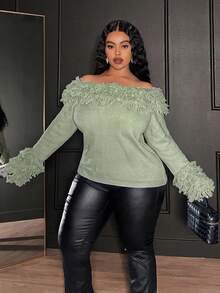 Veslaya 2025年新款大码牛油果绿露肩羊毛长袖修身套头衫 - 綠色 - 查看 6