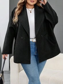 SHEIN CURVE+ Abrigo negro elegante con solapa para mujer de talla grande, de manga larga y versátil, adecuado para otoño/invierno - Negro - Ver 5