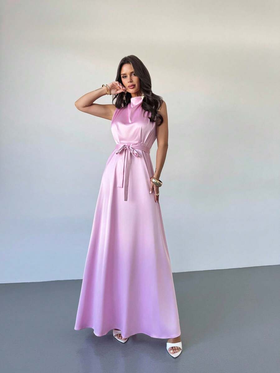 Firerie New Minimalist Elegant Commuter Satin Pink Sleeveless Tie-Waist Dress With Ruched Collar And Flowy Design - Pink - View 1
