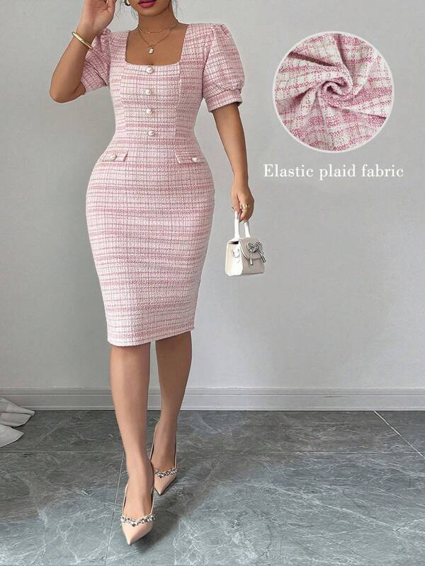 Elenzga Plus Size Women Elegant Romantic Plaid Elastic Fabric Puff Sleeve Square Neck Bodycon Dress