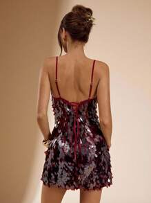 SHEIN BAE Autumn/Winter Solid Wine Red Minimalist Backless Tie-Up Sequin Glitter Mini Elegant Dress, Suitable For Nightclub Party, Sequin Dress