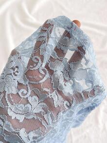 SHEIN 青少年女孩休闲合身甜美可爱蕾丝 V 领前褶皱半透明蕾丝衬衫，学院风，优雅短袖蕾丝上衣 - 淺藍色 - 查看 4