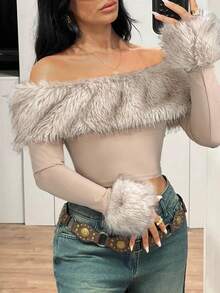 SHEIN ICON 女士长袖时尚露肩毛边长袖短款上衣露肩上衣毛边上衣 - 杏色 - 查看 6