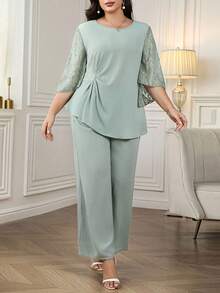 Reflora 加大码扭纹蕾丝拼布袖上衣和裤子两件套 - 綠色 - 查看 3