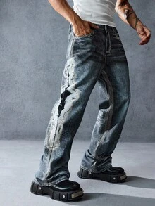 ROMWE MEN Street Life Jeans casuales y versátiles para hombres con cierre de botones y pierna entallada - Azul - Ver 5