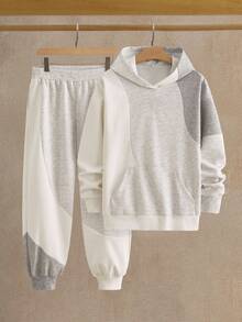 HIMLAND 2pcs/Set Men's Casual Knit Tri-Color Patchwork Hoodie Set - Multicolor - View 6