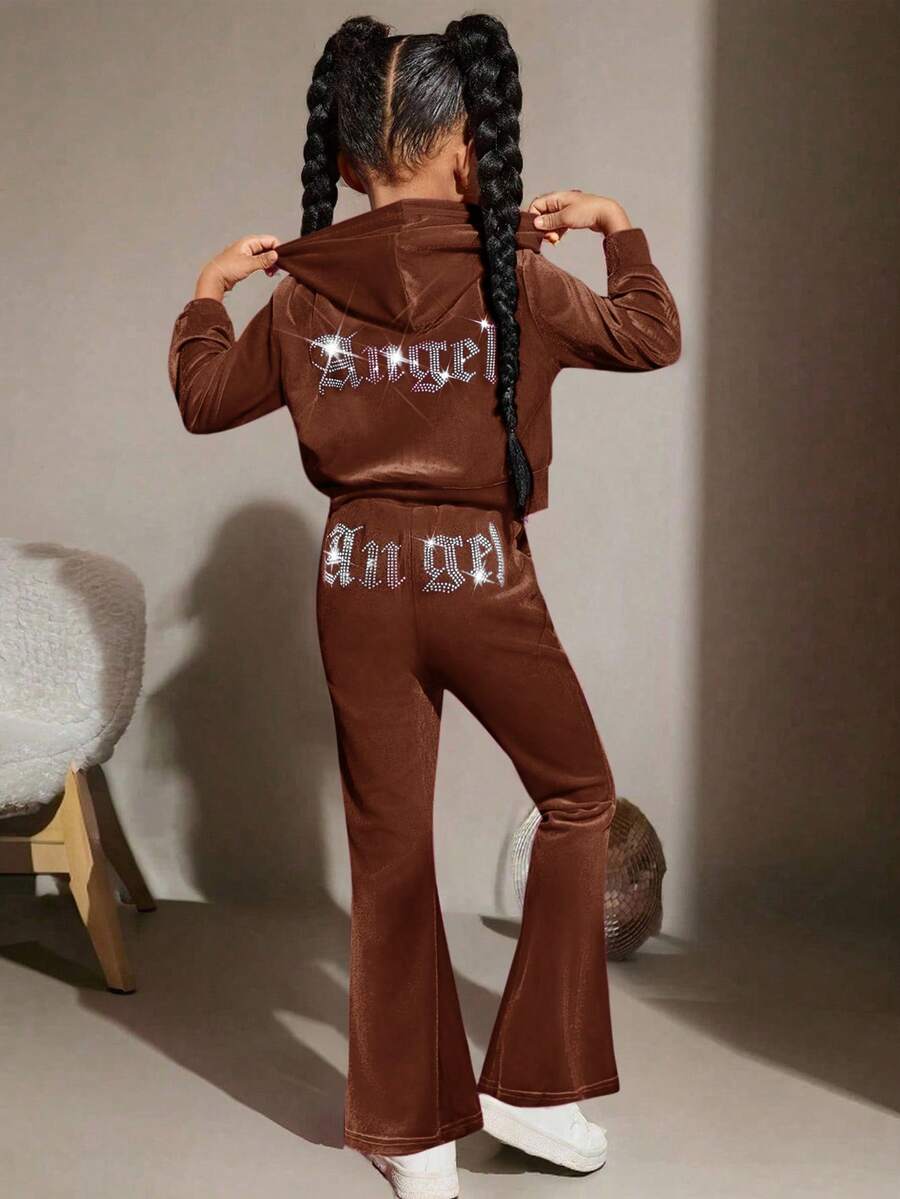 SHEIN Tween Girl Velvet Rhinestone Pocket Hooded Zip-Up Sweatshirt And Slim Flare Pants Casual Elegant 2 Pieces Set, Girl Brown Two Piece Set, Girl Co Ord Set, Girls Brown Velour Tracksuit, Girls Rhinestone Two Piece Fall Winter