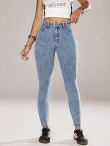 Jeanoix 女士时尚弹力斜口袋紧身牛仔裤 - 淺色水洗藍 - 查看 4
