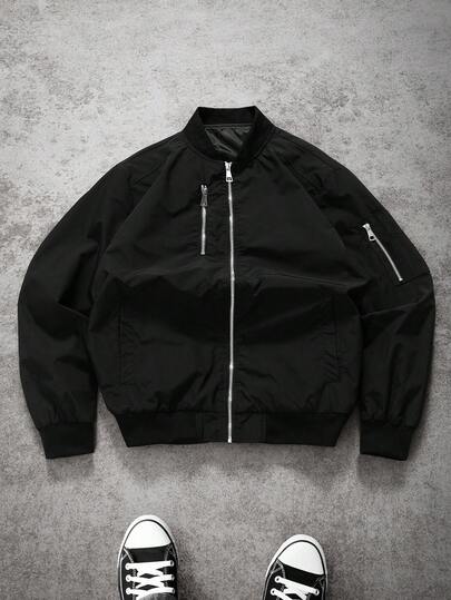 Manfinity Hypemode Men's Long Sleeve Solid Color Zip-Up Casual Versatile Bomber Jacket Y2k Streetwear , Fall