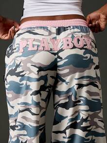 Missguided x Playboy 宽腿迷彩印花慢跑裤，带抽绳松紧腰，粉色撞色带，53号图案，休闲秋冬休闲裤 - 彩色 - 查看 6
