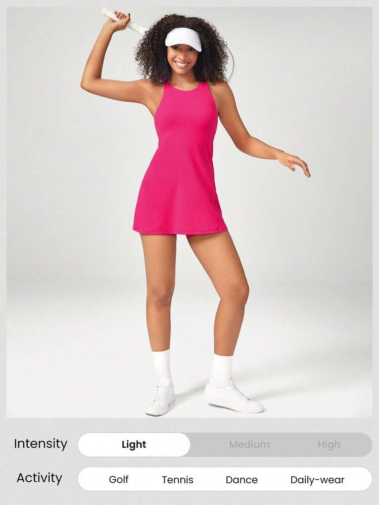 GLOWMODE FeatherFit™-Air Peekaboo 镂空口袋多功能运动连衣裙，内置短裤，轻度支撑，低冲击瑜伽日常夏季 - 熱帶粉紅色 - 查看 6