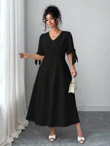 Elenzga Plus Size Women's Elegant Commuter Casual V-Neck Bowknot Puff Sleeve Waist Tie Dress, Summer - Black - View 4