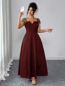 Auvina 女士优雅提花拼布夏季连衣裙 - 酒紅色 - 查看 5