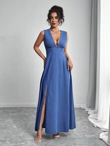 Elenzga Vestido de mezclilla de verano para mujer con cuello en V profundo, abertura alta en la falda, sin mangas y cintura ceñida - Azul - Ver 3