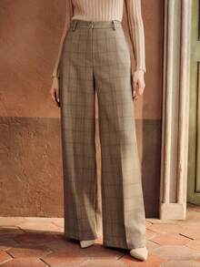 Anewsta 复古都市格子高腰直筒百搭喇叭裤女士西装裤 - 軍綠色 - 查看 3