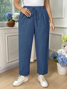 EMERY ROSE 大码女式纯棉弹力腰带口袋休闲翻领裤 - 水鴨藍 - 查看 6
