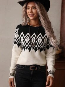 Women's Two-Tone Jacquard Bohemian Western Casual Sweater, LanaWest Fall Winter Cloth For Women - Black - View 4