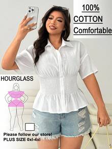 Solflare Women's Plus Size White Summer Silky Smart Casual Everyday Shirred Solid Button Up Shirt,Business Casual Long Sleeve Simple Top Comfort - White - View 1
