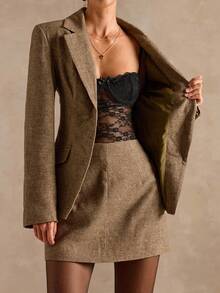 SHEIN BAE 女士时尚商务套装 - 西装外套和裙子两件套、别致女士套装、西装、剪裁、女士量身定制的衬里西装外套、秋冬优雅女士套装 - 咖啡棕 - 查看 8