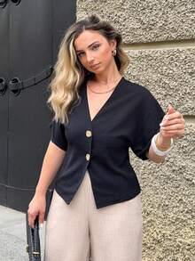 Jeta Ari Elegant Flared Sleeve Double-Breasted Cardigan, Solid White Simple Casual Shirt - Black - View 4