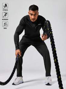 Manfinity Acti Log 男士休闲运动健身跑步半拉链连帽卫衣压缩衣 - 黑色 - 查看 6