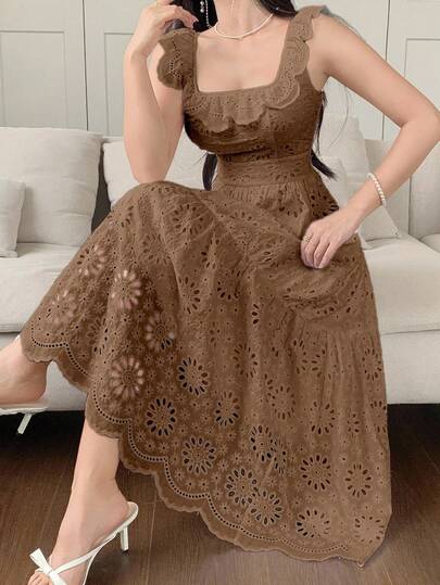 DAZY Vestido de encaje francés bordado con cintura ceñida en blanco, vestido maxi de estilo hada de vacaciones