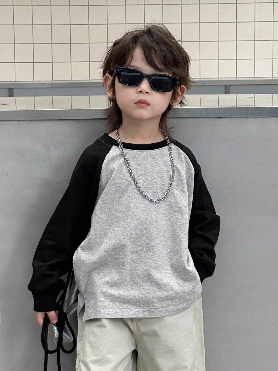 Young Boys Loose Casual Colorblock Raglan Sleeve T-Shirt, Autumn