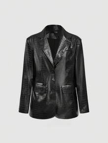 SHEIN MOD Women's Faux Crocodile Print Lapel Long Sleeve Fashion Blazer,,Autumn,Fall,Back To School,Office Wear,Office Attire,Business Casual,Teacher,Brunch Old Money Style Women,Going Out,Cruise,Birthday,Vintage, Party Blazer - Black - View 3