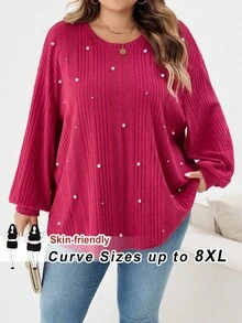 SHEIN CURVE+ Plus Size Autumn Pearl Detail Ribbed Knit Long Sleeve Top/Autumn /Winter - Hot Pink - View 8