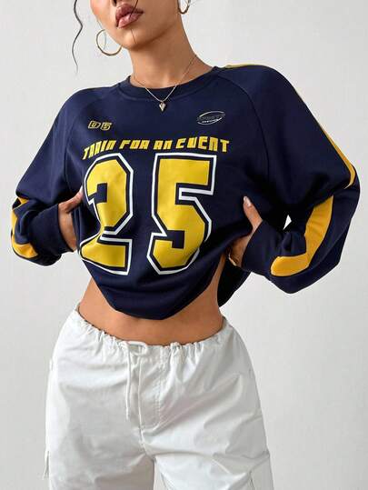 SHEIN Sports 图案印花圆领套头衫 女士圆领运动衫