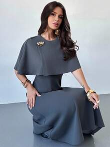 Firerie 女士优雅正式通勤连衣裙，高腰 A 字中长连衣裙，带金属装饰，适合教师和日常穿着，灰色 - 灰色 - 查看 5